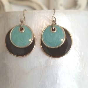Gold-tone enameled pierced earrings on shepherd's hooks brown and aqua